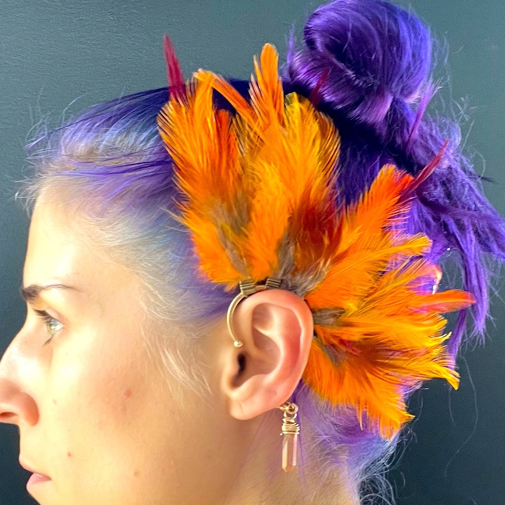 Real feather ear cuff with citrine crystal, Pierceless ears, orange red burgundy